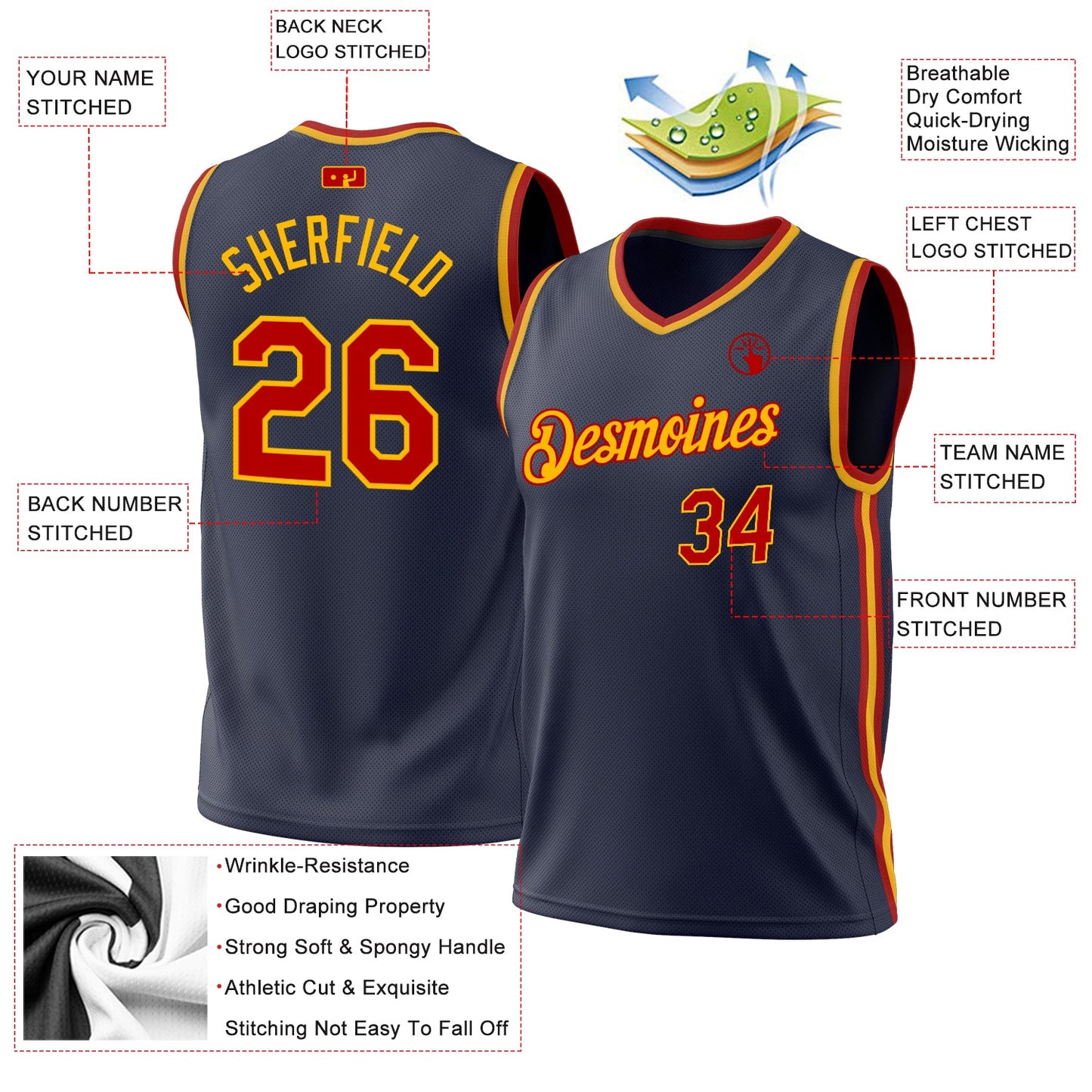 Custom Navy Red-Gold Authentic Throwback Basketball Jersey - Sky-Custom