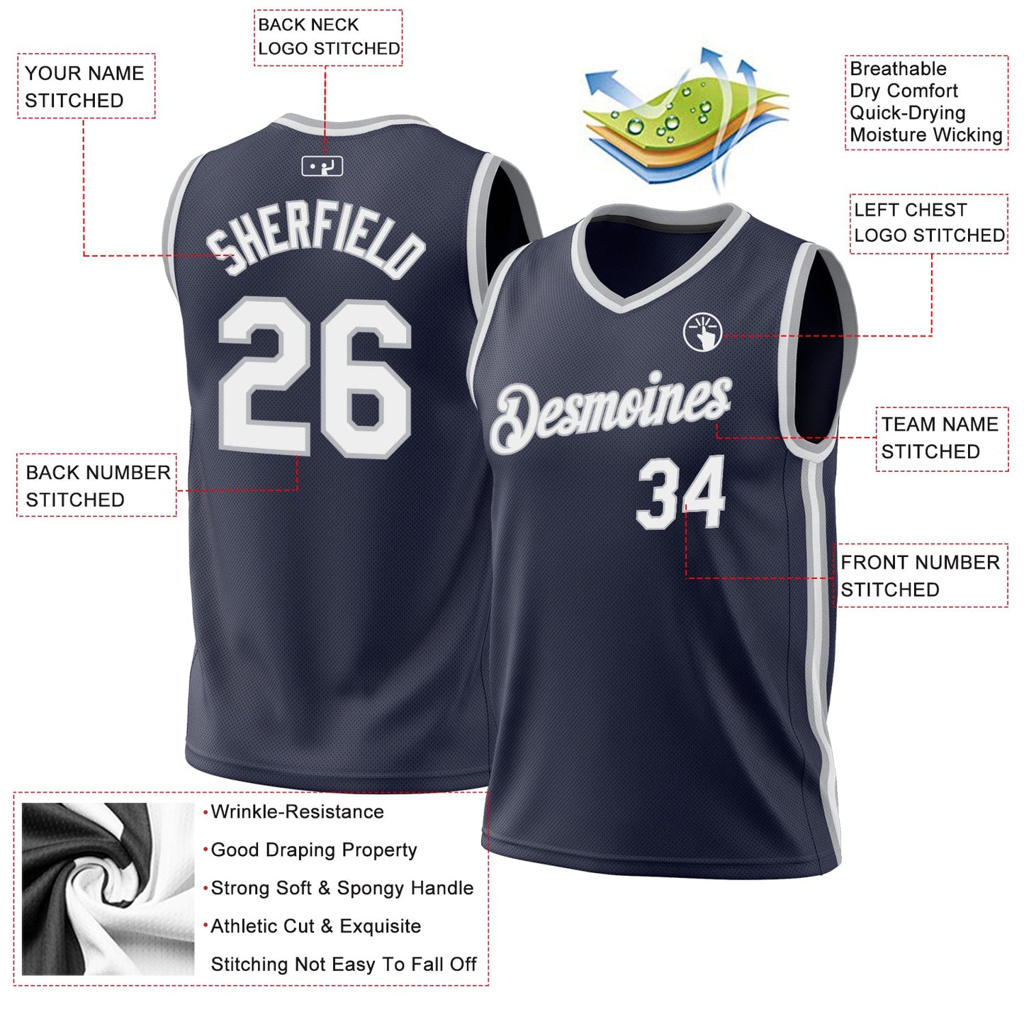 Custom Navy White-Gray Authentic Throwback Basketball Jersey - Sky-Custom