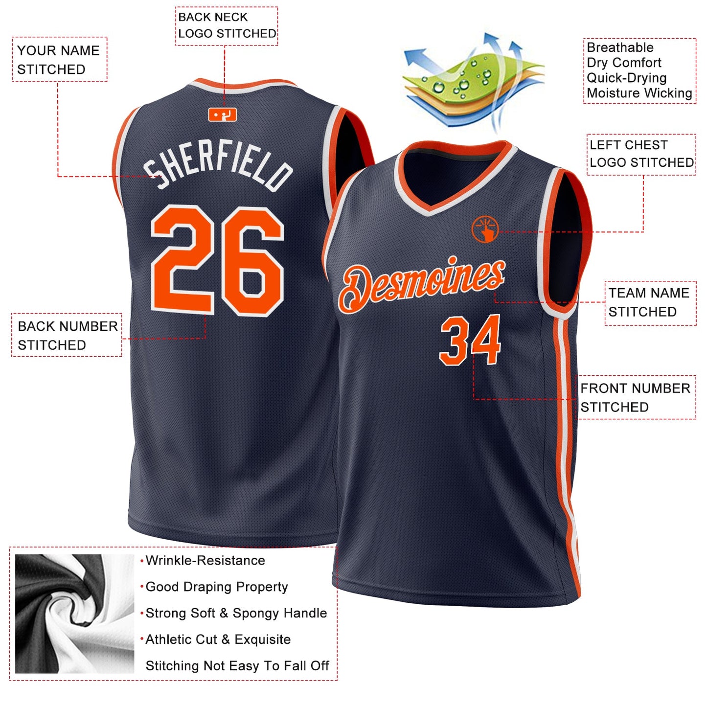 Custom Navy Orange-White Authentic Throwback Basketball Jersey - Sky-Custom