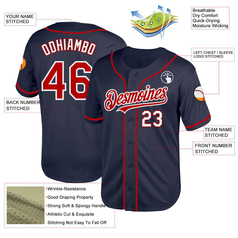Custom Navy Red-White Mesh Authentic Throwback Baseball Jersey - Sky-Custom