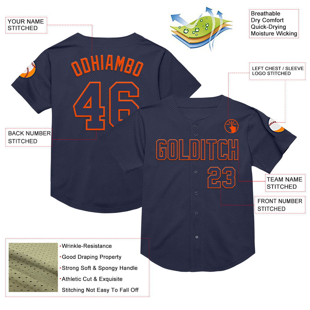 Custom Navy Orange Mesh Authentic Throwback Baseball Jersey - Sky-Custom