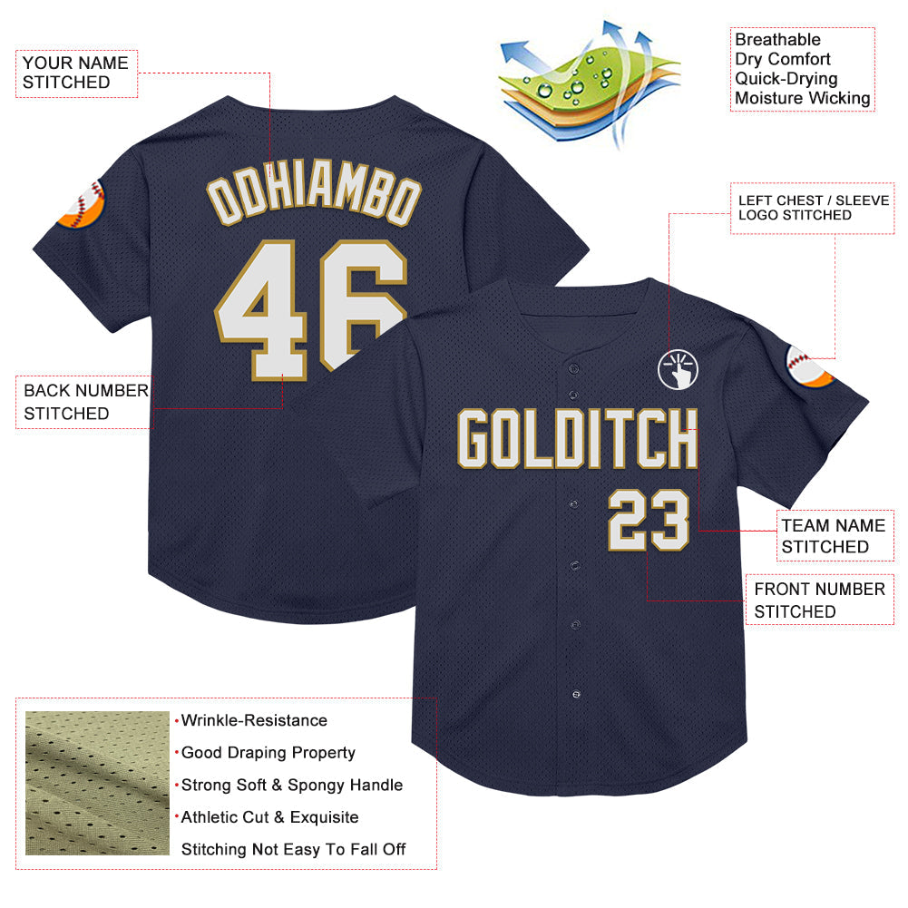 Custom Navy White-Old Gold Mesh Authentic Throwback Baseball Jersey - Sky-Custom