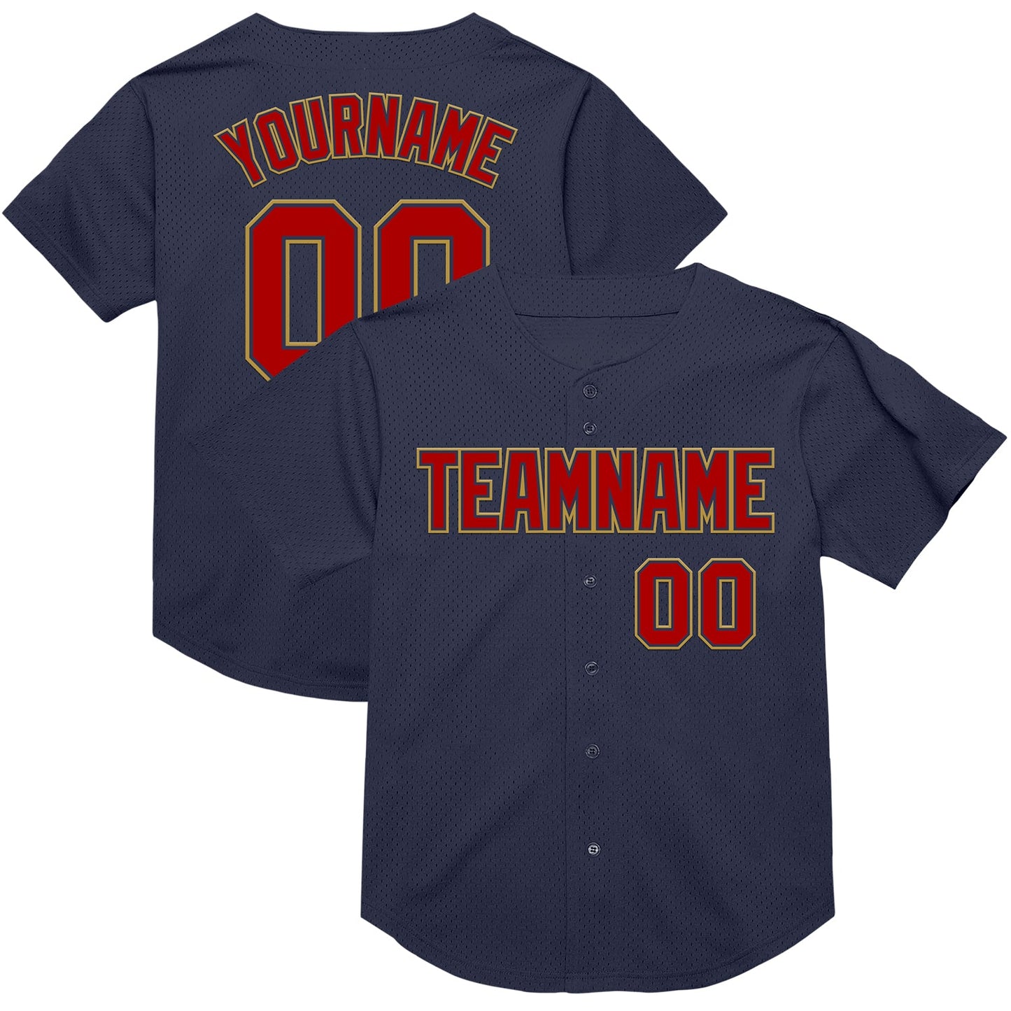 Custom Navy Red-Old Gold Mesh Authentic Throwback Baseball Jersey - Sky-Custom