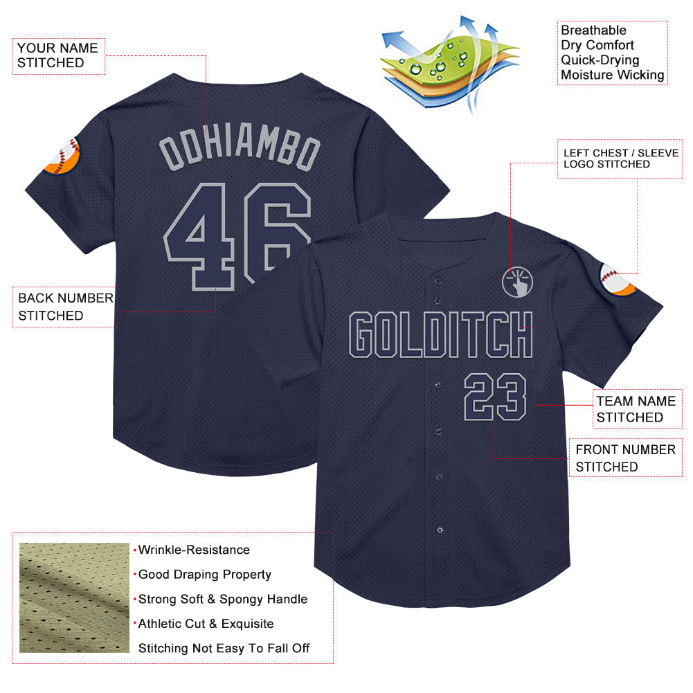 Custom Navy Gray Mesh Authentic Throwback Baseball Jersey - Sky-Custom