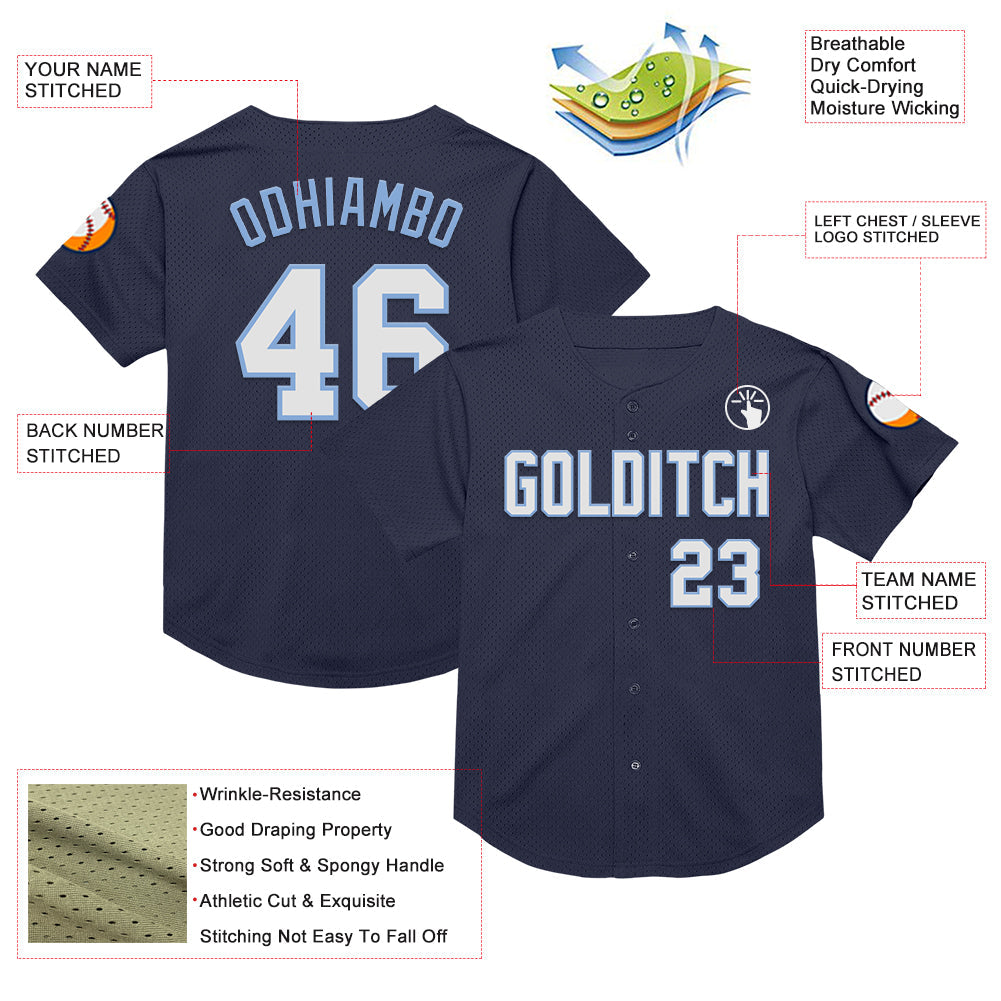 Custom Navy White-Light Blue Mesh Authentic Throwback Baseball Jersey - Sky-Custom
