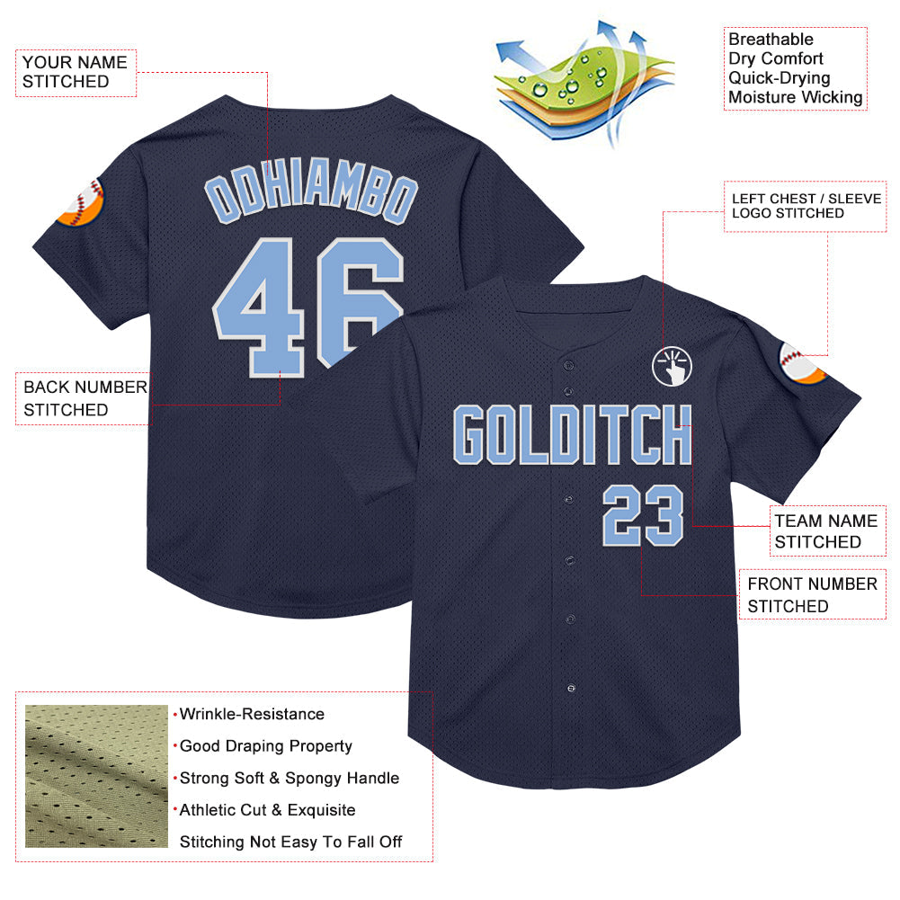Custom Navy Light Blue-White Mesh Authentic Throwback Baseball Jersey - Sky-Custom