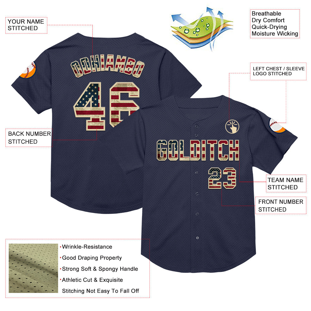 Custom Navy Vintage USA Flag-Cream Mesh Authentic Throwback Baseball Jersey - Sky-Custom