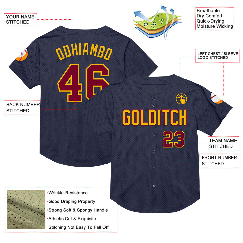Custom Navy Maroon-Gold Mesh Authentic Throwback Baseball Jersey - Sky-Custom