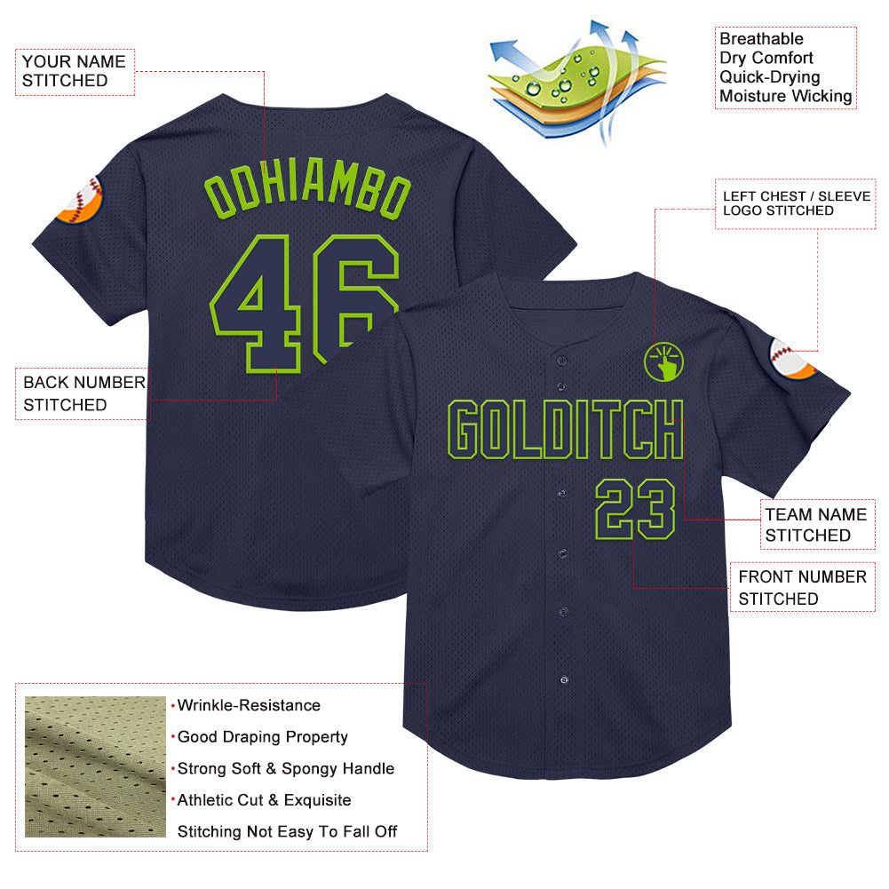Custom Navy Neon Green Mesh Authentic Throwback Baseball Jersey - Sky-Custom