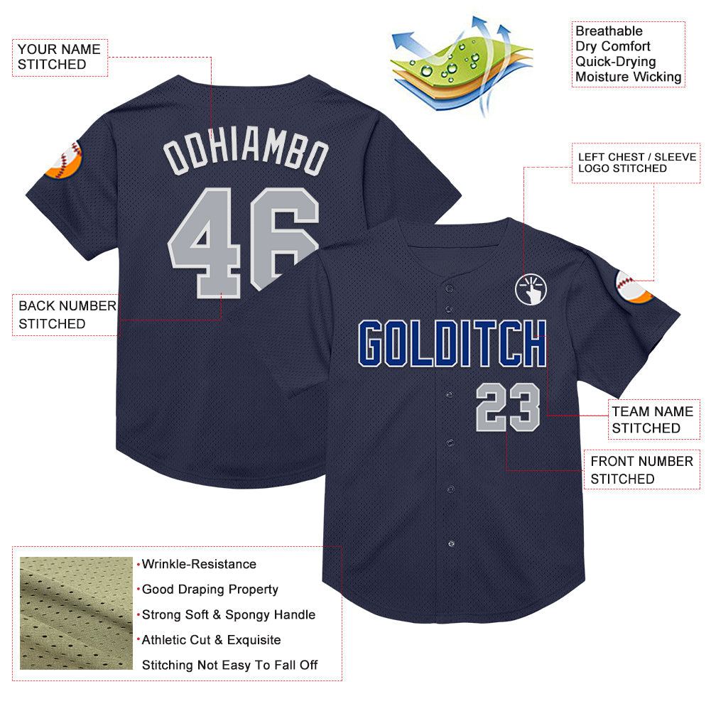 Custom Navy Gray-Royal Mesh Authentic Throwback Baseball Jersey - Sky-Custom
