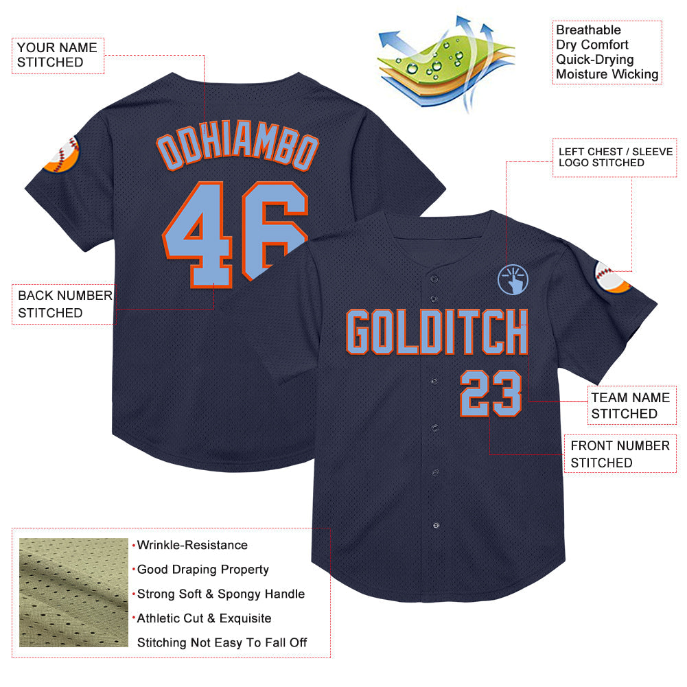 Custom Navy Light Blue-Orange Mesh Authentic Throwback Baseball Jersey - Sky-Custom