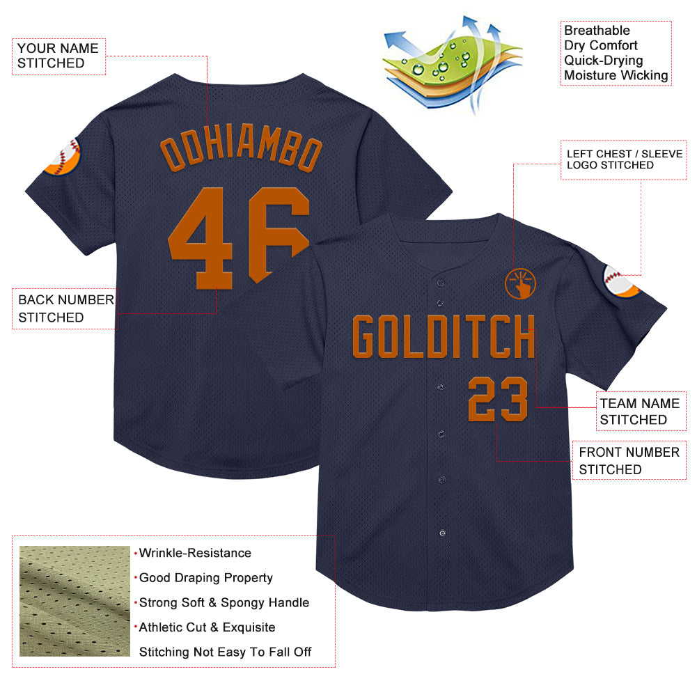 Custom Navy Texas Orange Mesh Authentic Throwback Baseball Jersey - Sky-Custom