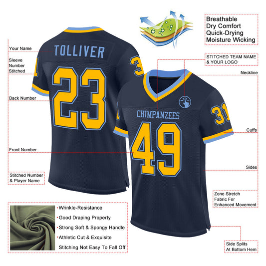 Custom Navy Gold-Light Blue Mesh Authentic Throwback Football Jersey - Sky-Custom