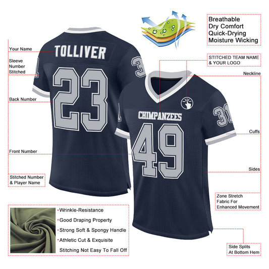Custom Navy Gray-White Mesh Authentic Throwback Football Jersey - Sky-Custom