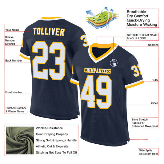 Custom Navy White-Gold Mesh Authentic Throwback Football Jersey - Sky-Custom