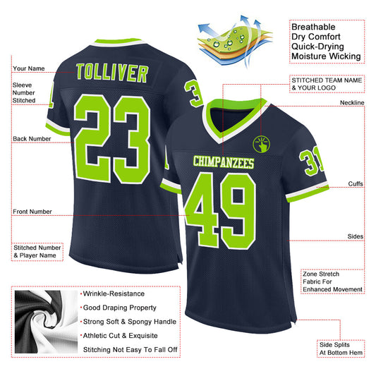 Custom Navy Neon Green-White Mesh Authentic Throwback Football Jersey - Sky-Custom