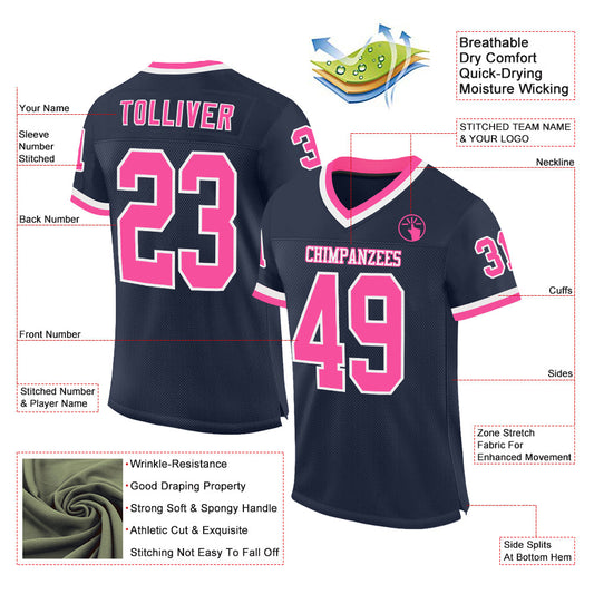 Custom Navy Pink-White Mesh Authentic Throwback Football Jersey - Sky-Custom