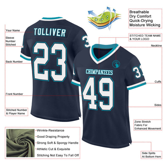 Custom Navy White-Teal Mesh Authentic Throwback Football Jersey - Sky-Custom