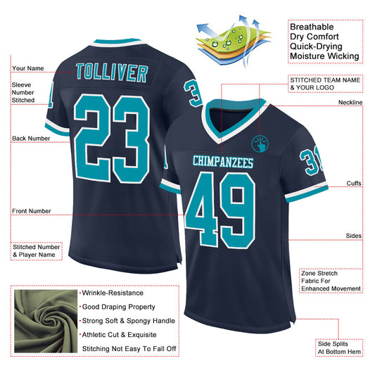 Custom Navy Teal-White Mesh Authentic Throwback Football Jersey - Sky-Custom