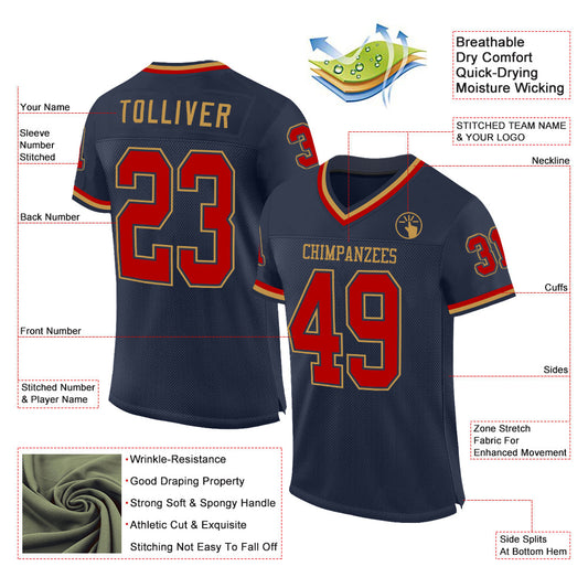 Custom Navy Red-Old Gold Mesh Authentic Throwback Football Jersey - Sky-Custom