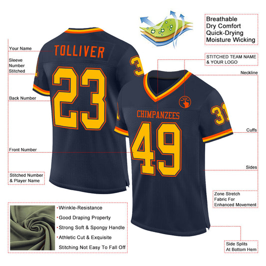 Custom Navy Gold-Orange Mesh Authentic Throwback Football Jersey - Sky-Custom