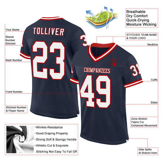 Custom Navy White-Red Mesh Authentic Throwback Football Jersey - Sky-Custom