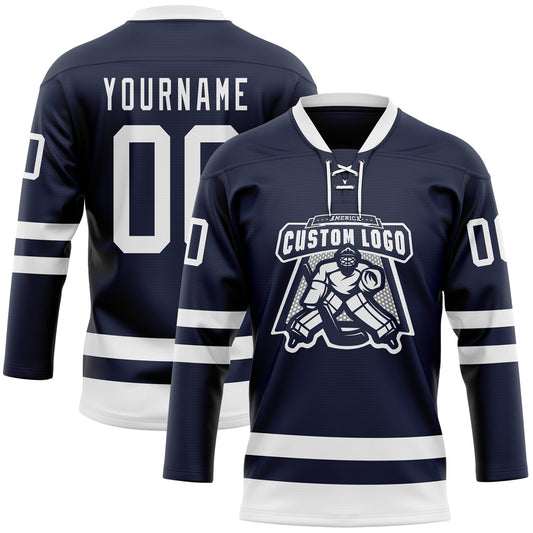 Custom Navy White Hockey Lace Neck Jersey - Sky-Custom