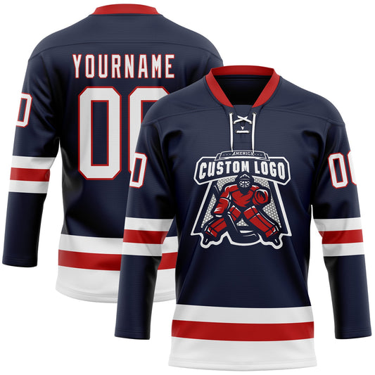 Custom Navy White-Red Hockey Lace Neck Jersey - Sky-Custom