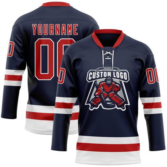Custom Navy Red-White Hockey Lace Neck Jersey - Sky-Custom