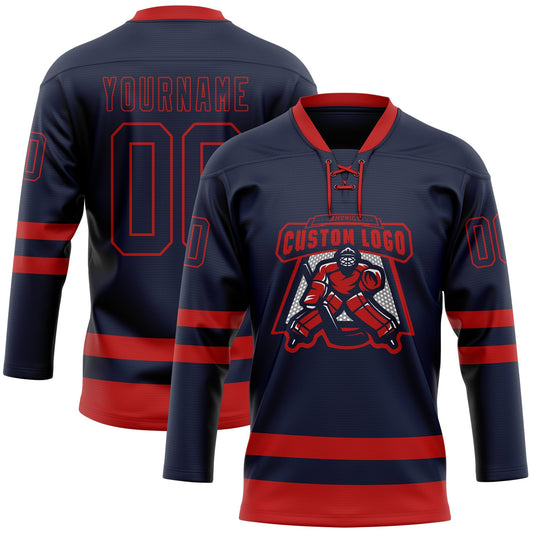 Custom Navy Red Hockey Lace Neck Jersey - Sky-Custom