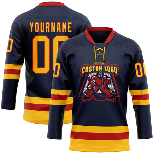 Custom Navy Gold-Red Hockey Lace Neck Jersey - Sky-Custom