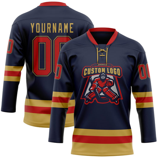 Custom Navy Red-Old Gold Hockey Lace Neck Jersey - Sky-Custom