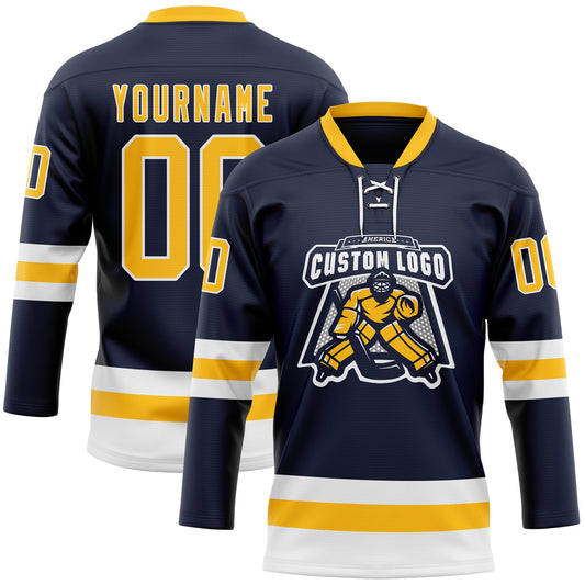 Custom Navy Gold-White Hockey Lace Neck Jersey - Sky-Custom