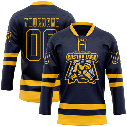 Custom Navy Gold Hockey Lace Neck Jersey - Sky-Custom