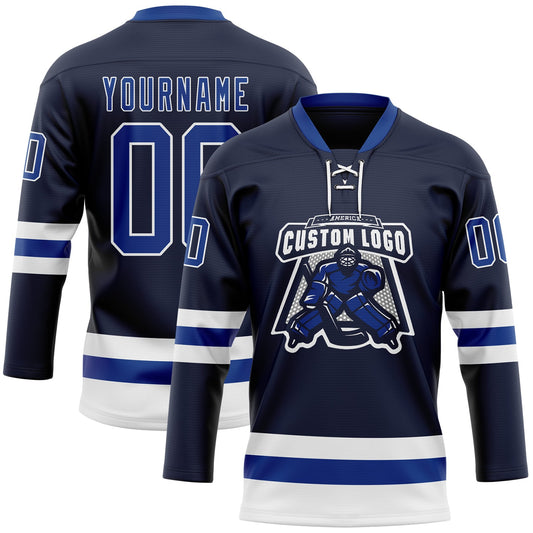 Custom Navy Royal-White Hockey Lace Neck Jersey - Sky-Custom