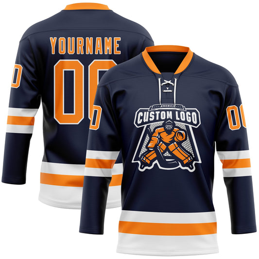 Custom Navy Bay Orange-White Hockey Lace Neck Jersey - Sky-Custom