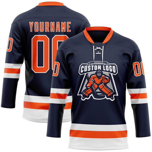 Custom Navy Orange-White Hockey Lace Neck Jersey - Sky-Custom