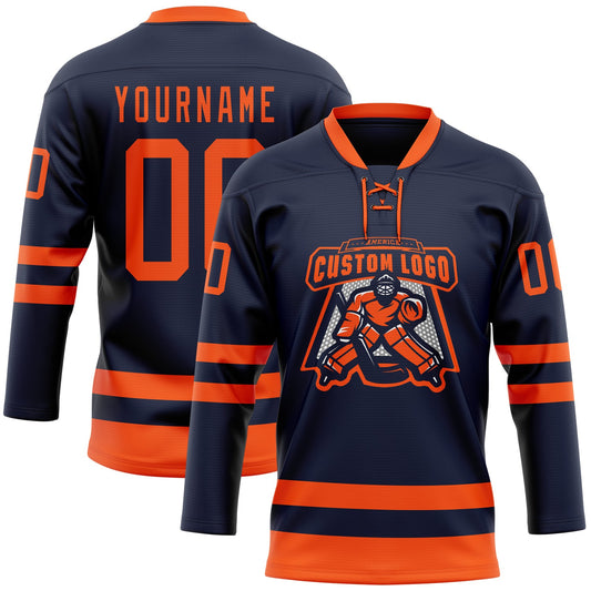 Custom Navy Orange Hockey Lace Neck Jersey - Sky-Custom