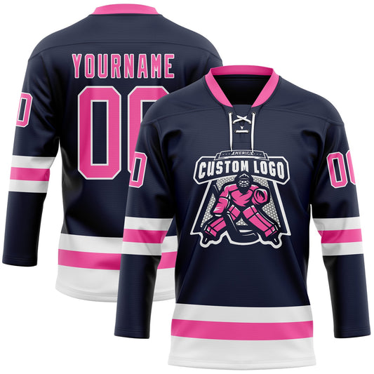 Custom Navy Pink-White Hockey Lace Neck Jersey - Sky-Custom