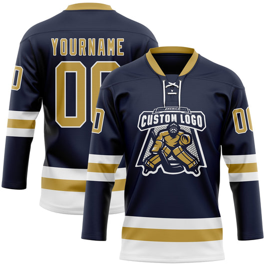 Custom Navy Old Gold-White Hockey Lace Neck Jersey - Sky-Custom