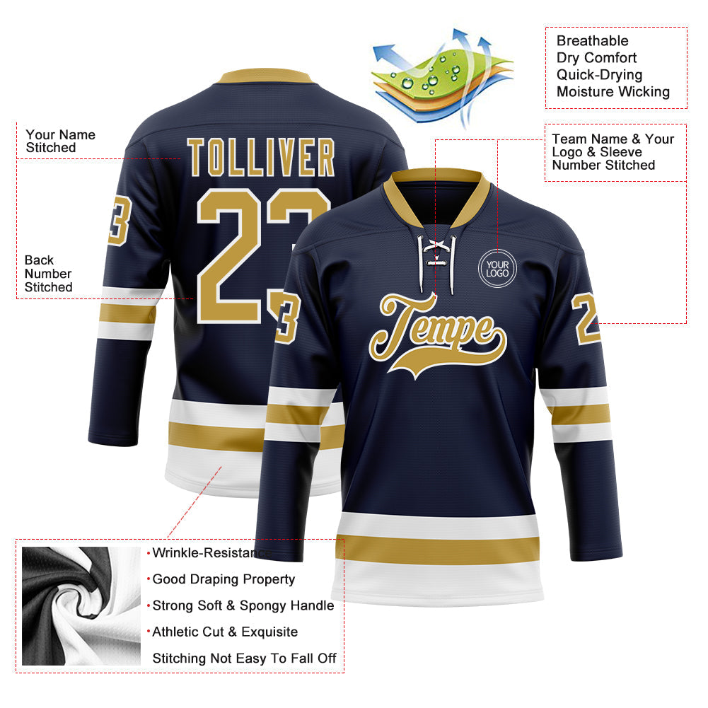 Custom Navy Old Gold-White Hockey Lace Neck Jersey - Sky-Custom