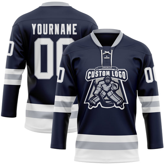 Custom Navy White-Gray Hockey Lace Neck Jersey - Sky-Custom