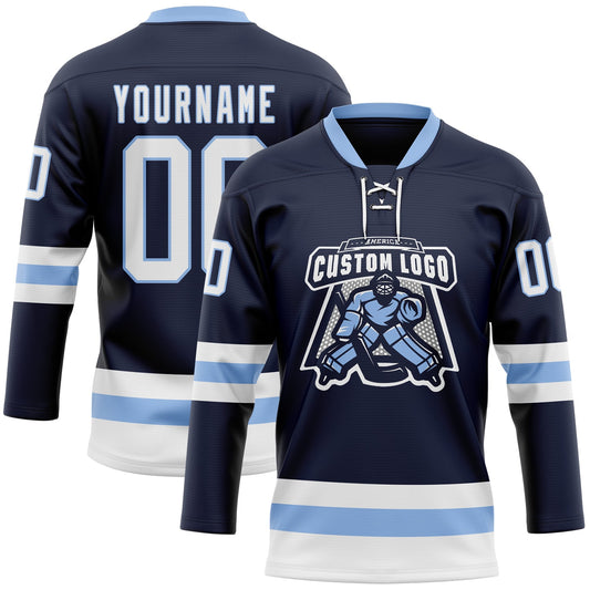Custom Navy White-Light Blue Hockey Lace Neck Jersey - Sky-Custom