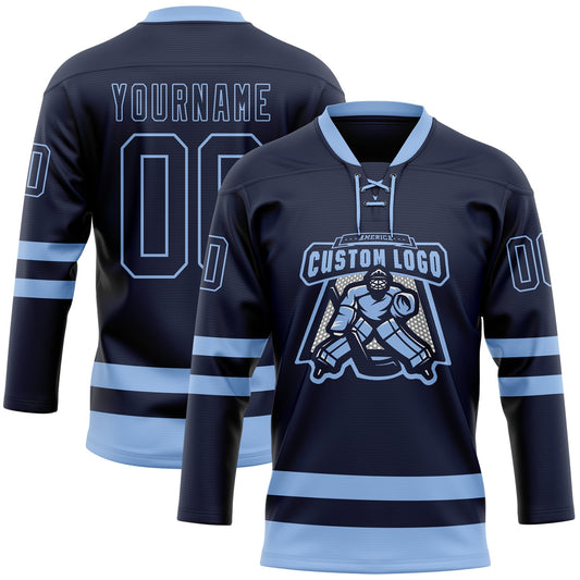 Custom Navy Light Blue Hockey Lace Neck Jersey - Sky-Custom
