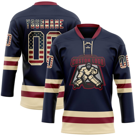 Custom Navy Vintage USA Flag Cream-Crimson Hockey Lace Neck Jersey - Sky-Custom