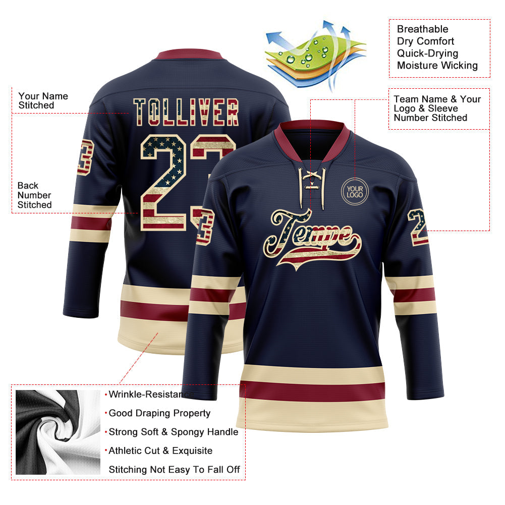 Custom Navy Vintage USA Flag Cream-Crimson Hockey Lace Neck Jersey - Sky-Custom