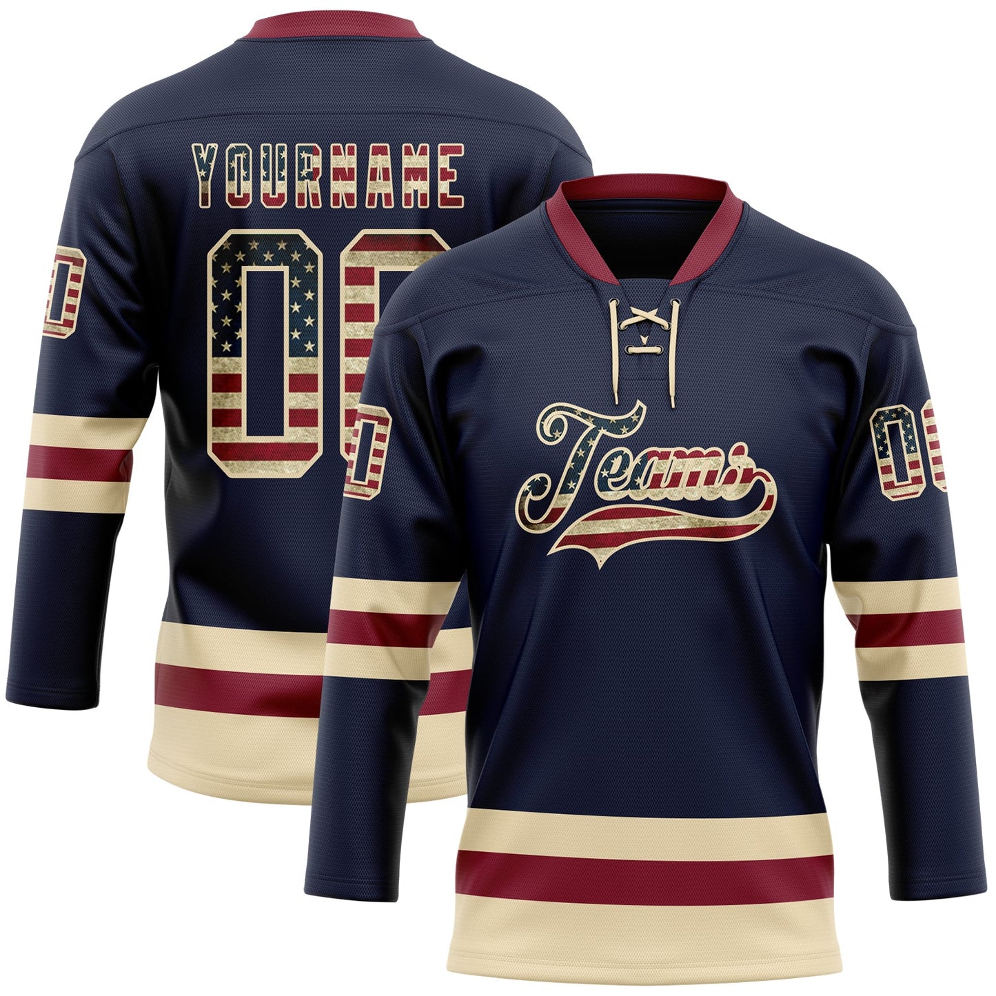 Custom Navy Vintage USA Flag Cream-Crimson Hockey Lace Neck Jersey - Sky-Custom