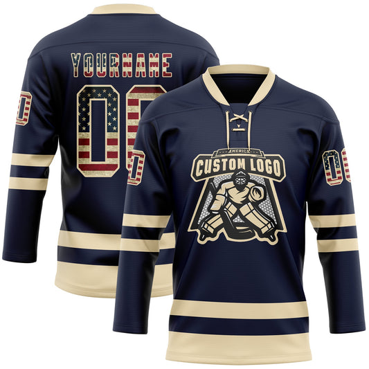 Custom Navy Vintage USA Flag-Cream Hockey Lace Neck Jersey - Sky-Custom