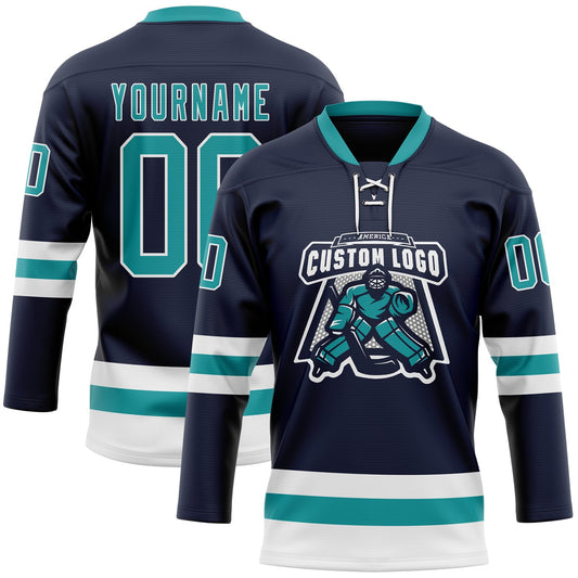 Custom Navy Teal-White Hockey Lace Neck Jersey - Sky-Custom