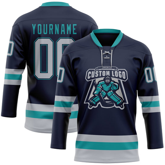 Custom Navy Gray-Teal Hockey Lace Neck Jersey - Sky-Custom